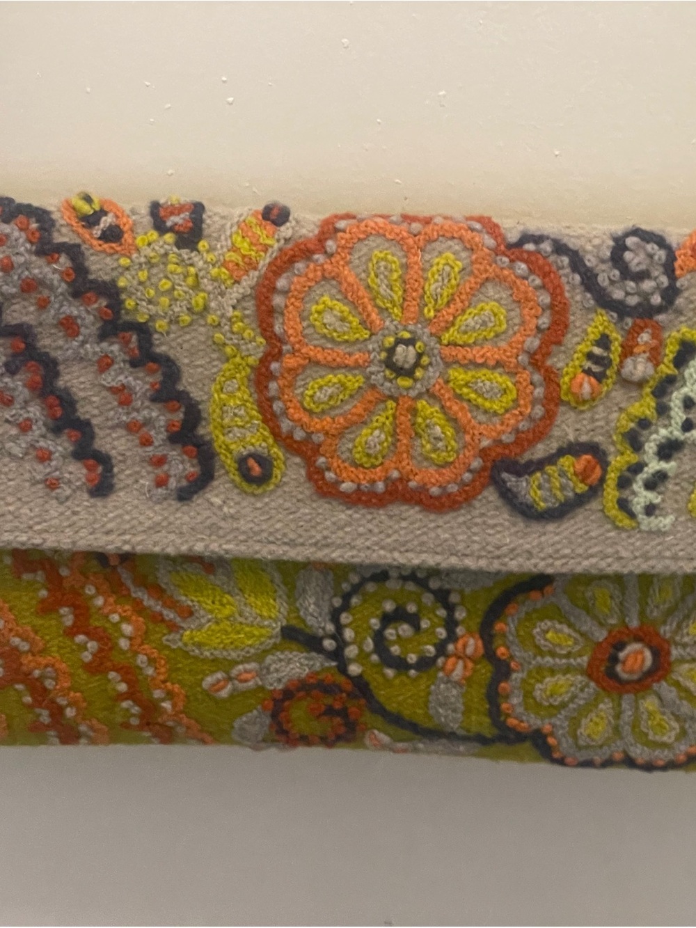 Hand-Embroidered Floral Wristlet Clutch in Cream, Orange & Lime